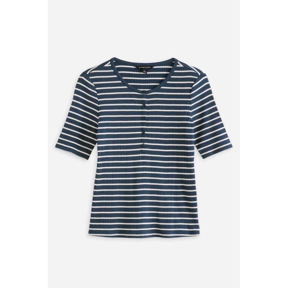 41 Hawthorn Stitch Fix Navy White Striped Ribbed Henley Top Short Sleeve